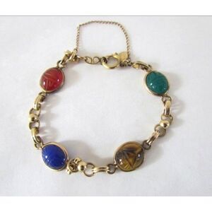 Vintage Scarab Bracelet 7" 1/20 12k GF 4 Scarabs w Safety Chain Bal Ron